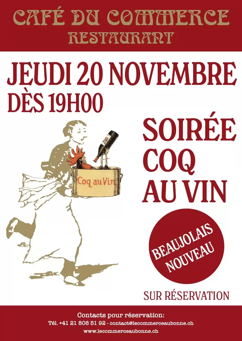 Soirée coq au Vin - Sur réservation Jeudi 20 Novembre 2025 dès 19h